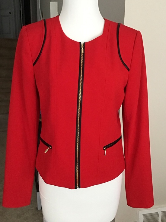 Calvin Klein Jackets & Blazers - Calvin Klein Red Zip-Front Blazer with Black Trim and Gold Hardware